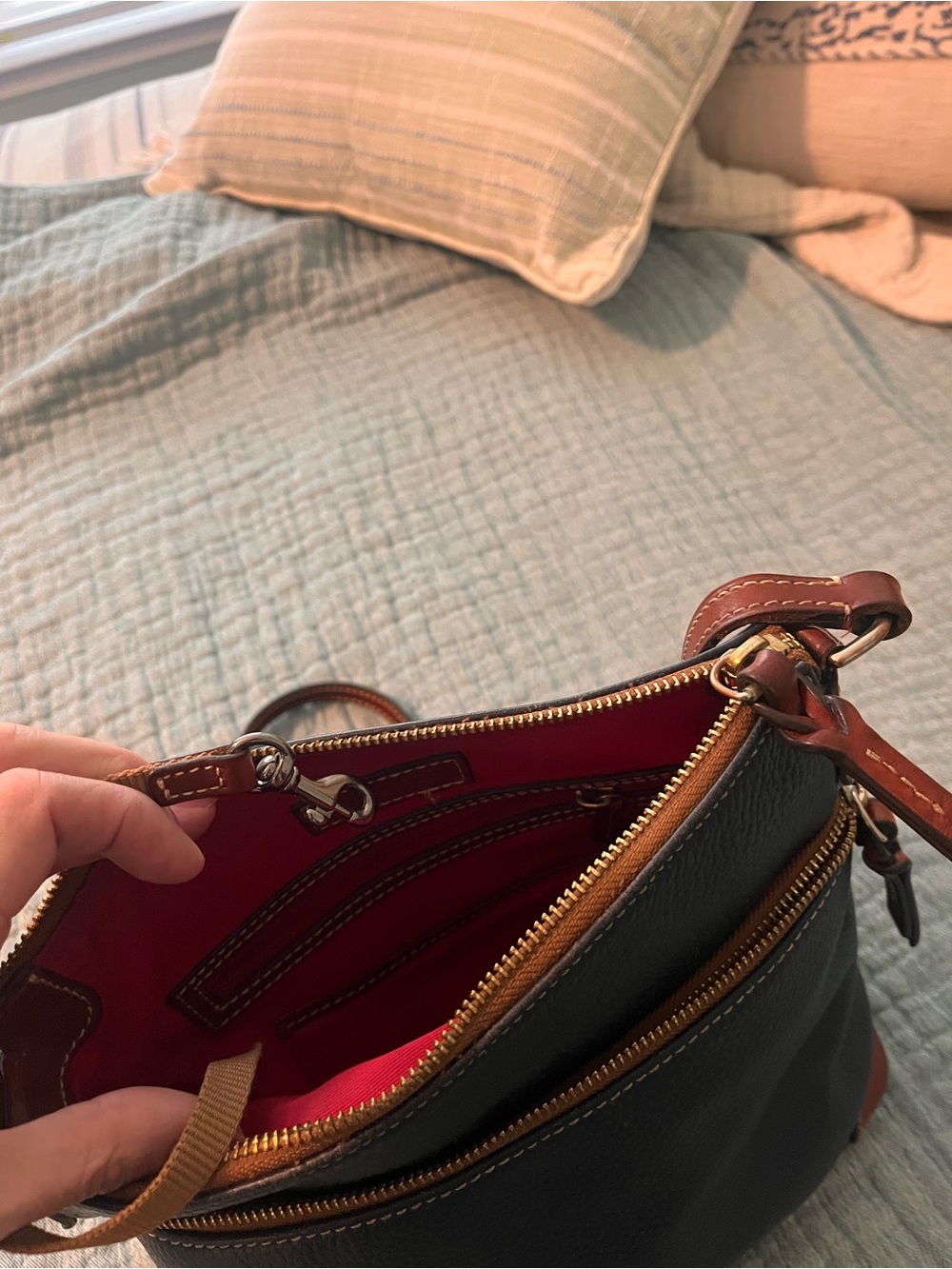 Dooney & Bourke dark blue Pebbled Leather Crossbody with Brown Trim - Picture 5 of 14